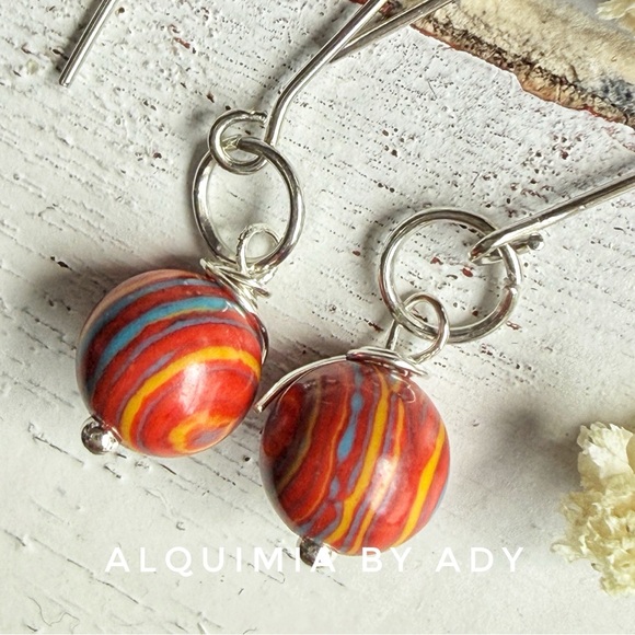 Mosaic turquoise + silver + DOPAMINE +DROP EARRINGS - Picture 2 of 2